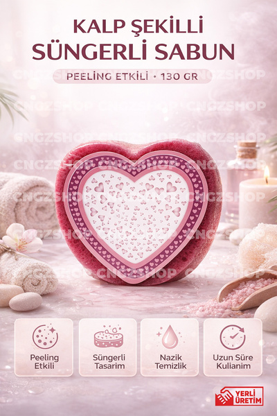 CNGZSHOP Kalp Şekilli Süngerli Sabun 130 gr – Peeling Etkili Banyo Sabunu | Ö...