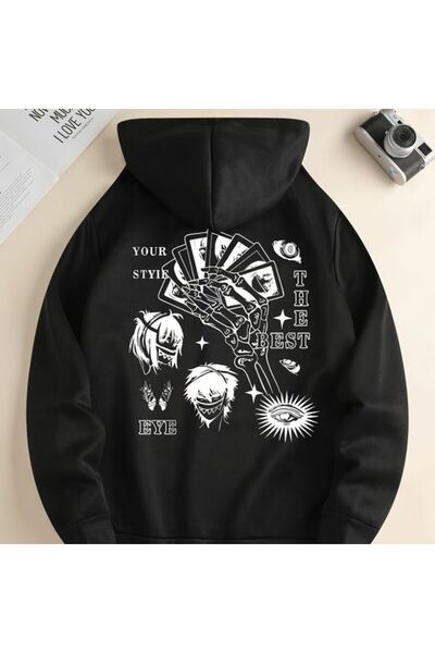COZYWEAR سويت شيرت أسود كبير الحجم للجنسين مع قلنسوة، مطبوع بجودة عالية، مريح...