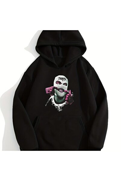 COZYWEAR سويت شيرت أسود كبير الحجم للجنسين مع قلنسوة، مطبوع بجودة عالية، مريح...