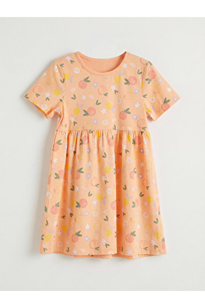 LC Waikiki M&B Collection Orange Crew Neck Patterned Girl's Dress