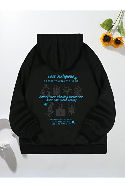 COZYWEAR سويت شيرت أسود كبير الحجم للجنسين مع قلنسوة، مطبوع بجودة عالية، مريح...