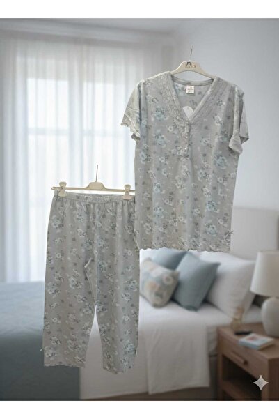 Andrella Women's 80% Bamboo 20% Cotton V-Neck Lace Capri Pajama Set - Floral ...