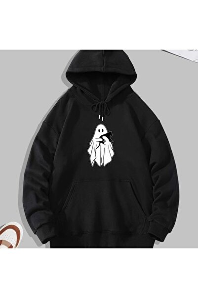 COZYWEAR سويت شيرت أسود كبير الحجم للجنسين مع قلنسوة، مطبوع بجودة عالية، مريح...