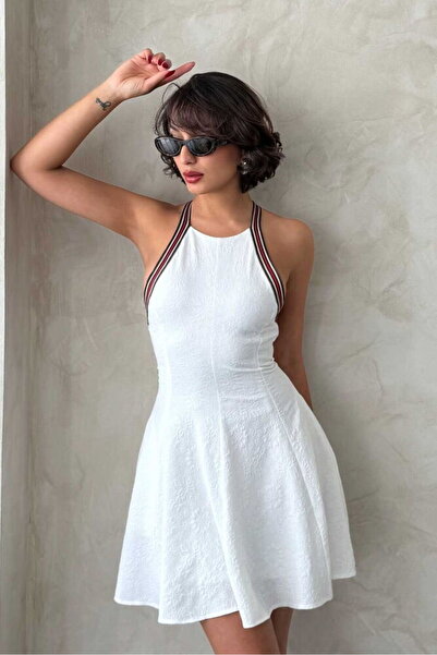 Caddebostan Moda Backless Stripe Detailed Sleeveless Mini Dress