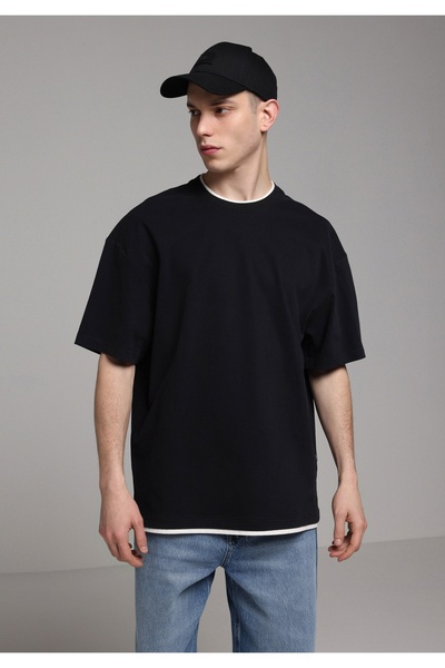 Colin's Oversize Fit Yuvarlak Yaka Düz Erkek Siyah Kısa Kol Tişört