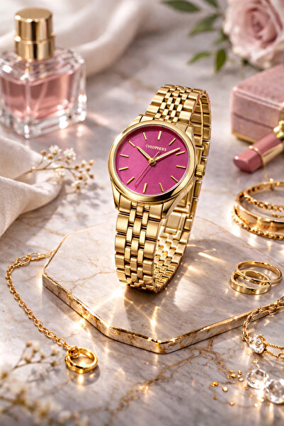 matheon ساعة يد نسائية من تشوبيرز، سوار فولاذي ذهبي، ساعة تناظرية بمينا فوشيا