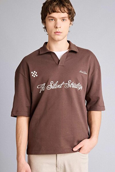 DeFacto Loose Fit Slogan Printed Sweatshirt Fabric Polo Collar T-Shirt F8676A...