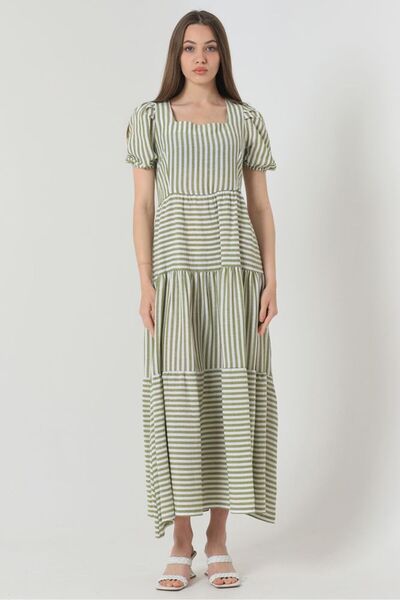 Caddebostan Moda Striped Square Neck Layered Cut Short Sleeve Maxi Length Dress