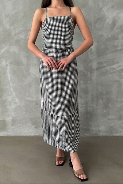 Caddebostan Moda Gingham Patterned Long Dress with Thin Straps and Back Detail
