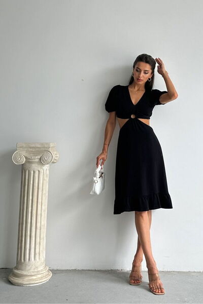 Caddebostan Moda V-Neck, Low-Cut Waist, Ring Detail, Balloon Sleeves, Flared ...