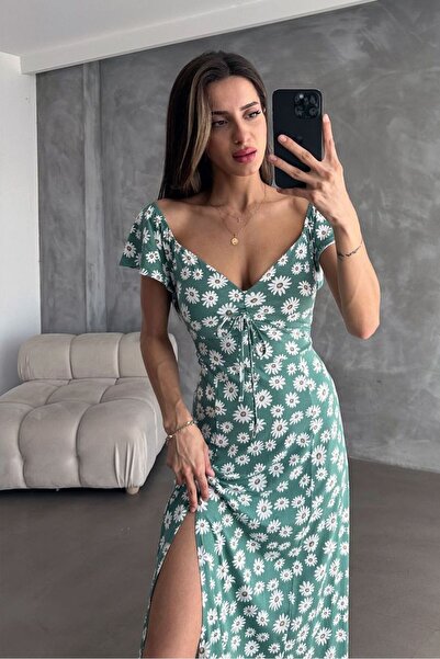 Caddebostan Moda Rochie de vară cu mâneci scurte, cu imprimeu floral, cu șliț...