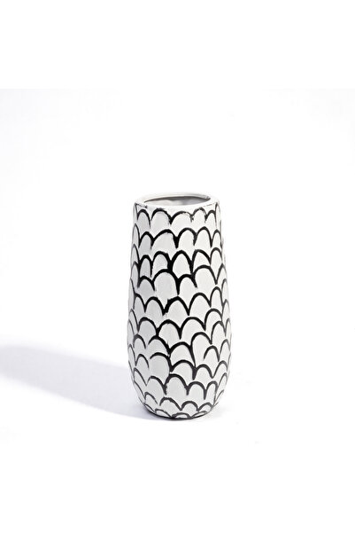 Malooki Vază Decorativă Ceramică "Scallop Art", Alb-Negru cu Model Solzi - 23 cm