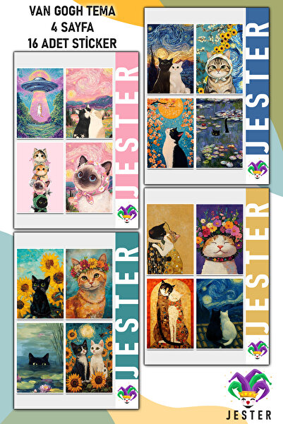 Jester Van Gogh Kedi 4'lü Sticker, Çıkartma, Günlük, Ajanda, Planlayıcı, Bull...