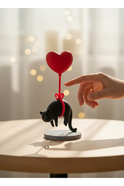Puzimo Siyah Kedi ve Kalp Balon Tasarımlı Dekoratif Masa Aksesuarı