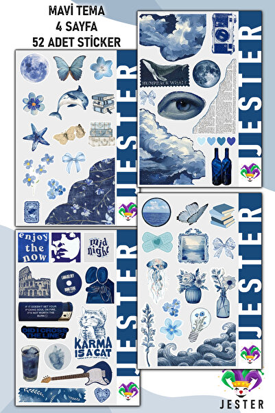 Mavi Tema 4'lü Sticker, Çıkartma, Günlük, Ajanda, Planlayıcı, Bullet, Journal, Scrapbook