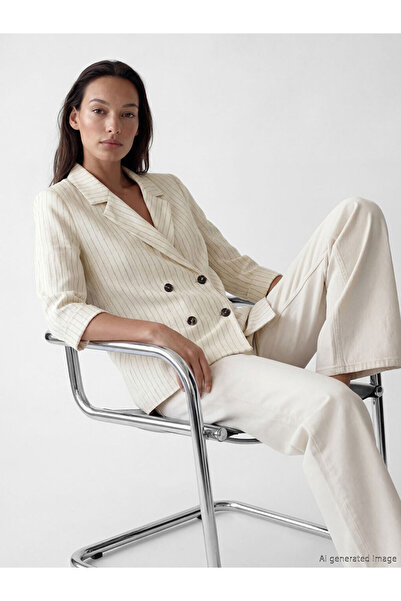 LC Waikiki LCW STUDIO Μπεζ διπλό πέτο Γιακάς Λινό Μικτό Γυναικείο Μπλέιζερ Μπ...