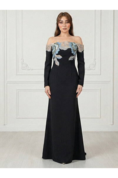 Nice Model Elegant Off-Shoulder Crepe Evening Dress Long Sleeve Gown with Lux...