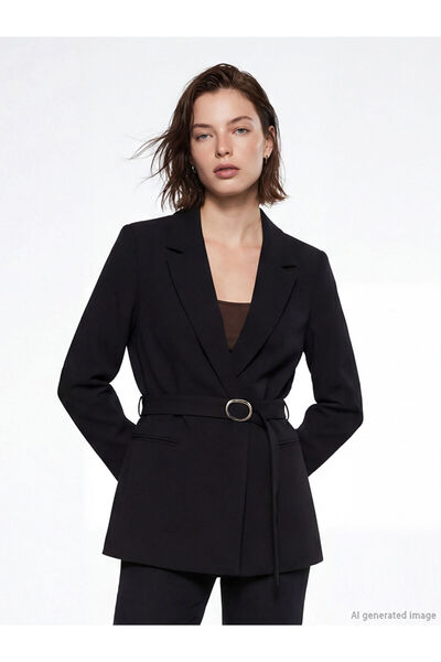 LC Waikiki Γυναικείο μπλέιζερ μπουφάν LCW Vision σε μαύρο χρώμα με κρεπ και ζώνη