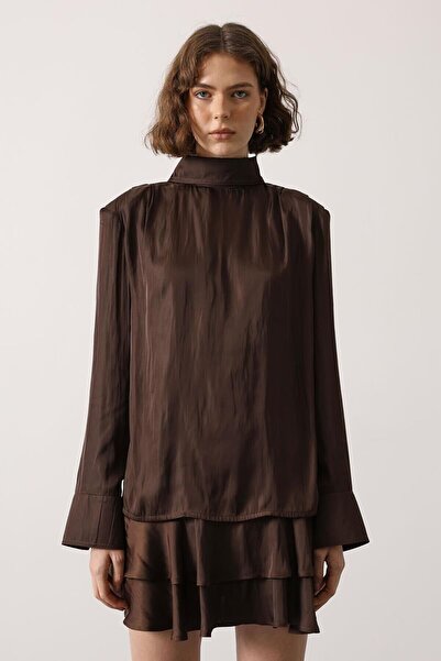 bacc Brown High Collar Satin Blouse with Padded Shoulders and Draped Detail