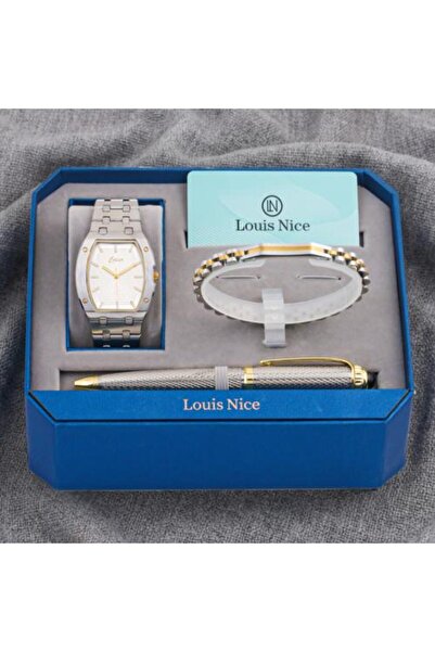 Louis Nice طقم هدايا متكامل! طقم رجالي باللونين الفضي والذهبي: ساعة + سوار + قلم