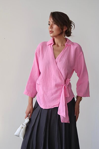 bacc Pink Double-Breasted Collar Tied Muslin Blouse