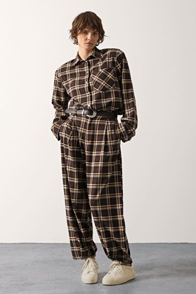 bacc Coffee Black Plaid Pleated Belted Palazzo Trousers