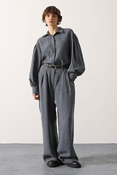 bacc Gray Pleated Double Pocket Belted Palazzo Trousers