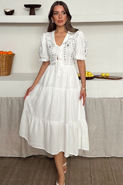 bacc White Embroidered Midi Dress with Tie Detail