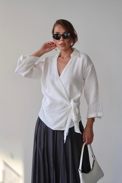 bacc White Double-Breasted Collar Tied Muslin Blouse