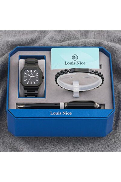 Louis Nice طقم هدايا متكامل! ساعة رجالية سوداء + سوار + قلم