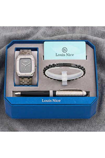 Louis Nice طقم هدايا متكامل! طقم رجالي باللون الأسود: ساعة + سوار + قلم