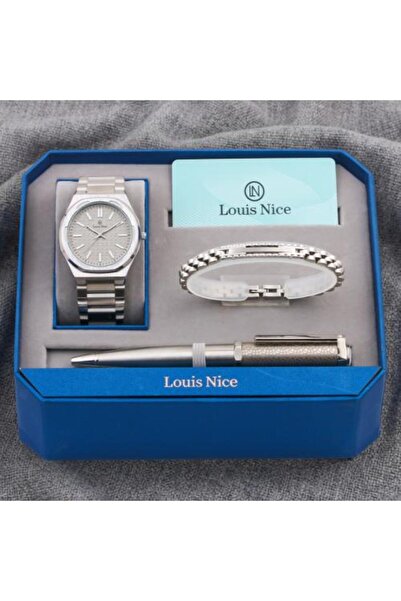 Louis Nice طقم هدايا متكامل! ساعة فضية رجالية + سوار + قلم