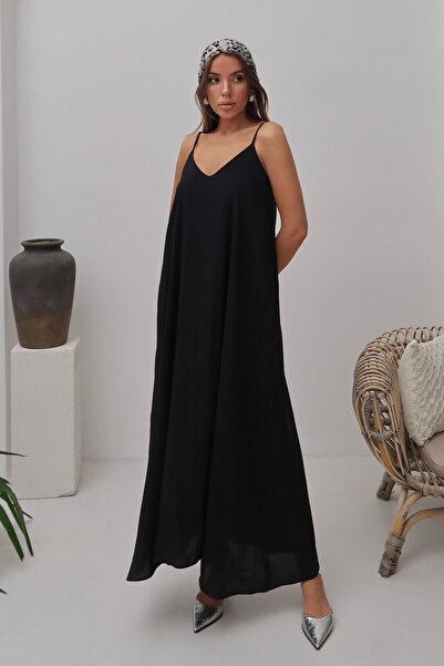 bacc Black V-Neck Strap Long Lined Loose Dress