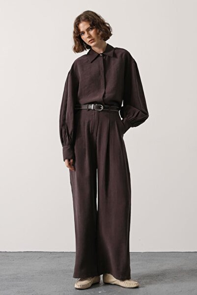 bacc Brown Pleated Double Pocket Belted Palazzo Trousers