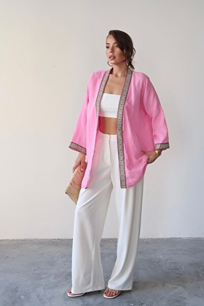 bacc Pink Embroidered Detailed Linen Kimono