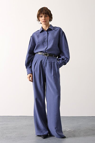 bacc Indigo Pleated Double Pocket Belted Palazzo Trousers