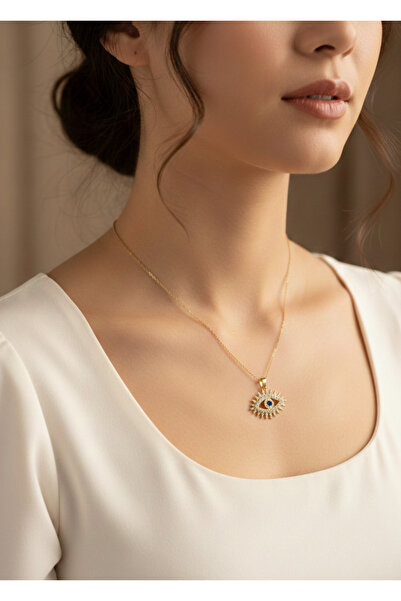 stainless steell سلسلة من الفولاذ بلون ذهبي 316L مع قلادة على شكل عين مرصعة ب...