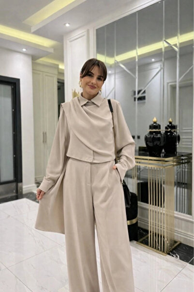 nedo7 Women's Long Sleeve Shawl Detailed Blouse and Pants Two-Piece Set Inclu...