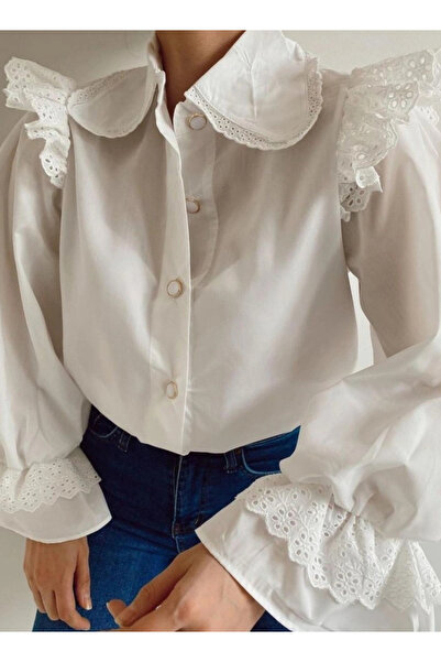 nedo7 Ruffled Shoulder, Scalloped Sleeve, Elasticized Buttoned Shirt -White