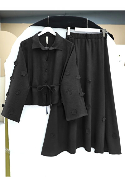 nedo7 Floral Sleeves and Skirt, Lace-Up Waist Shirt and Skirt Two-Piece Modal...