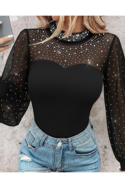 nedo7 Women's Long Sleeve Semi Turtleneck Stoned Sandy Blouse