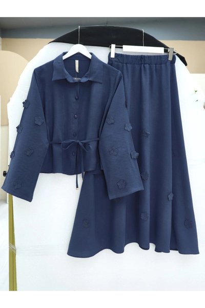 nedo7 طقم مكون من قميص وتنورة برباط عند الخصر وأكمام مزينة بالزهور - لاسي