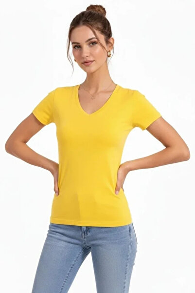 nedo7 T-Shirt V-Neck Slim Fit Lycra T-Shirt Daily Basic Body - Yellow