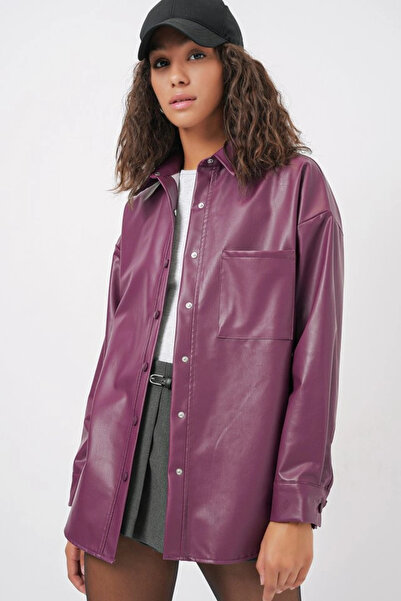 nedo7 20134 Oversize Faux Leather Shirt - Plum