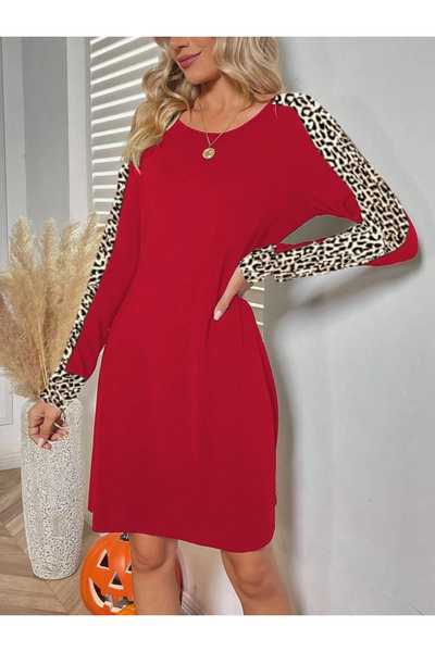 nedo7   Women's Long Sleeve Crew Neck Sleeves Leopard Detail Two Thread Mini ...