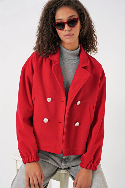 nedo7 9117 Double Breasted Collar Crop Jacket - Red