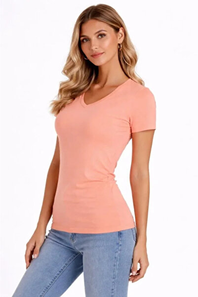 nedo7 T-Shirt V-Neck Slim Fit Lycra T-Shirt Casual Basic Body - Powder Pink