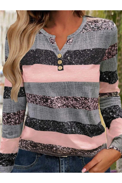 nedo7 Women's Long Sleeve Button down Collar Striped Pattern Single Jersey Bl...