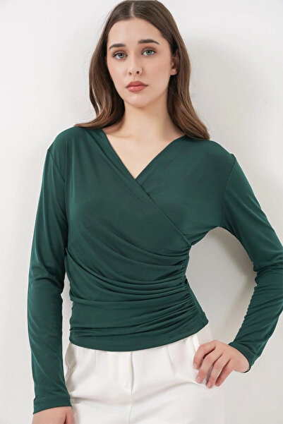 nedo7 939 Wrap Collar Sandy Blouse - Emerald Green