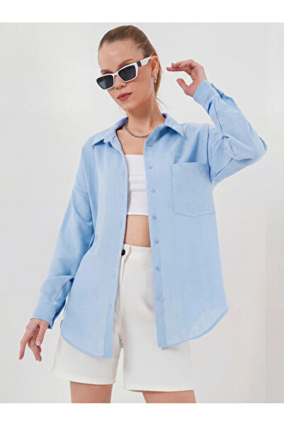 nedo7 20153 Single Pocket Oversize Linen Shirt - Ice Blue